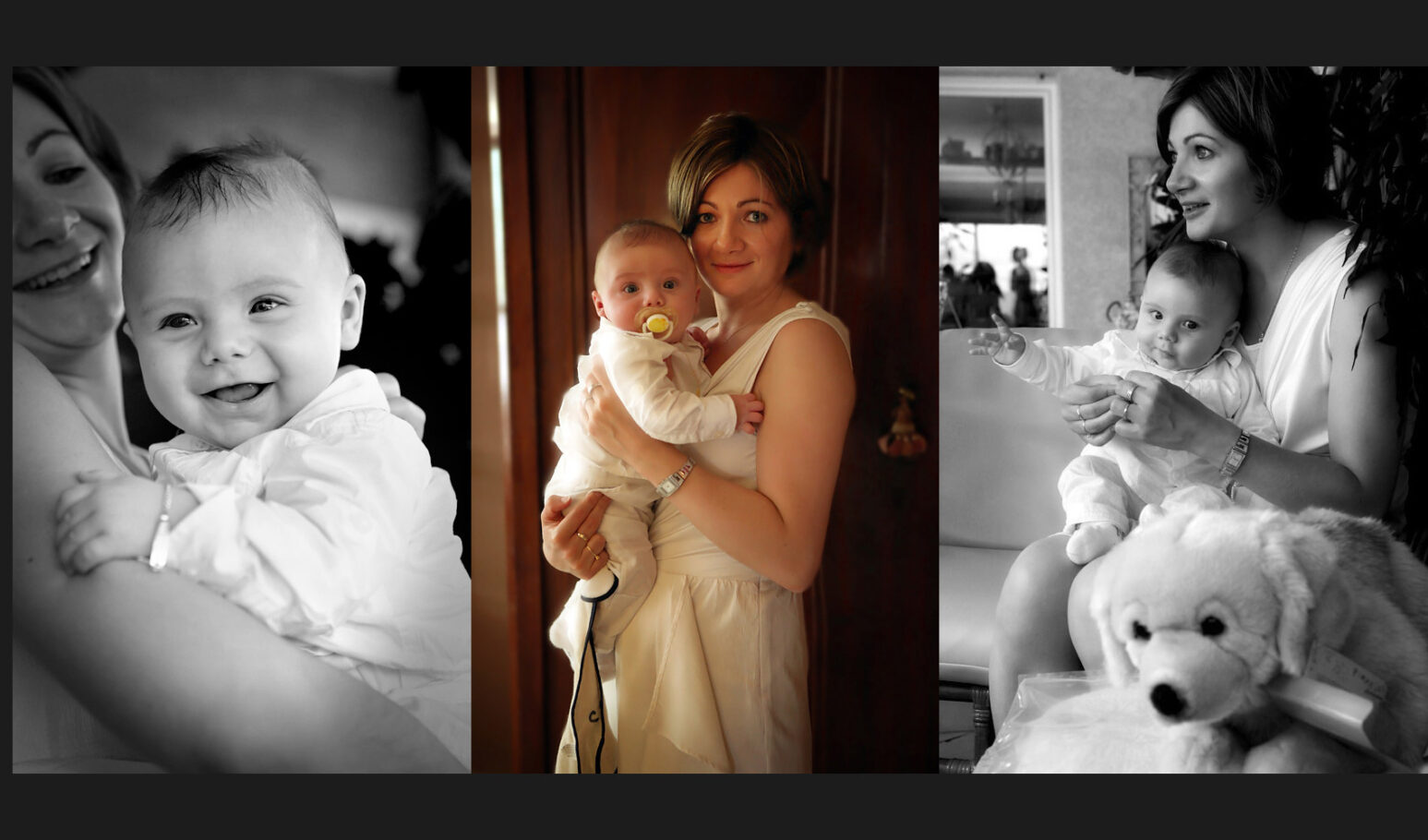 Tryptique photo, noir et blanc et couleur, d'une maman qui tient son bébé dans les bras.