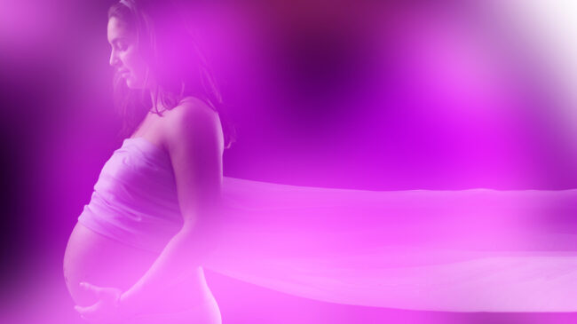 une femme enceinte de profil, un voile rose sur son buste, se tient le ventre d'une main