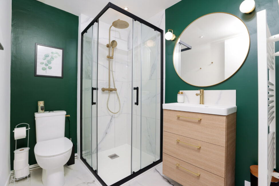 salle de bain aux murs verts avec douche, lavabo et wc