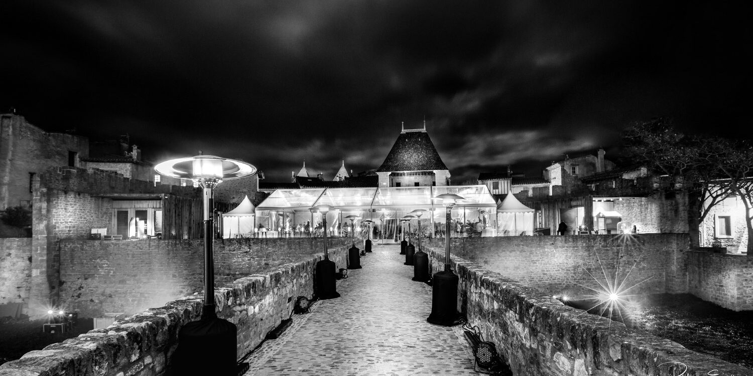 Atmosphère noir et blanc du pont du château comtal de nuit.