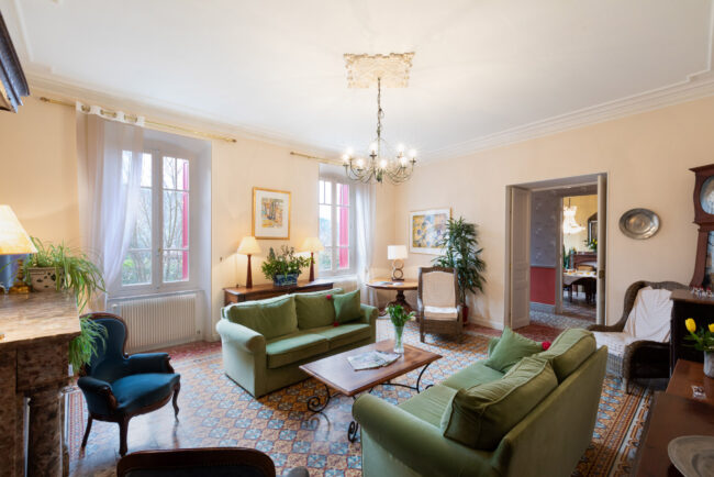 Photos immobilières du mois 10 salon de maison de maître avec deux grands canapés verts