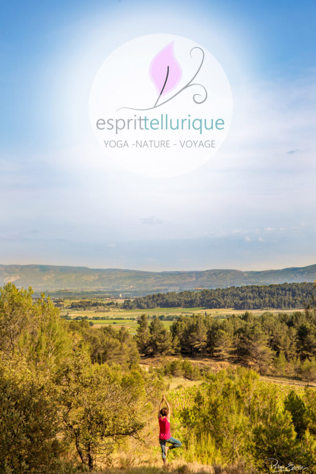 Esprit Tellurique es-tu là ? 7 Une personne dans la nature fait debout de dos une position de yoga, mains levées, jambe pliée, face à l’immensité de montagnes.