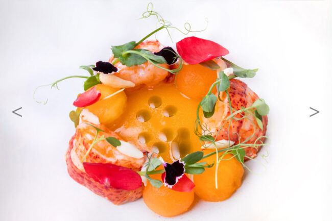 Une assiette blanche garnie d'une entrée à base d'orange et de légumes