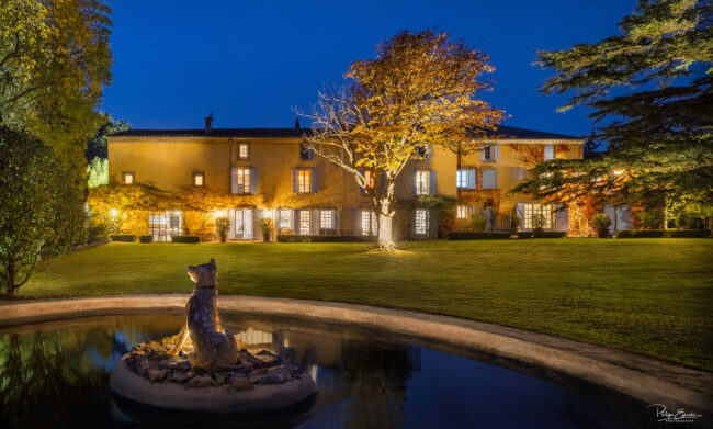 Domaine éclairé de nuit avec parc arboré, fontaine ornée d’une statue de loup et façade en pierre couverte de lierre