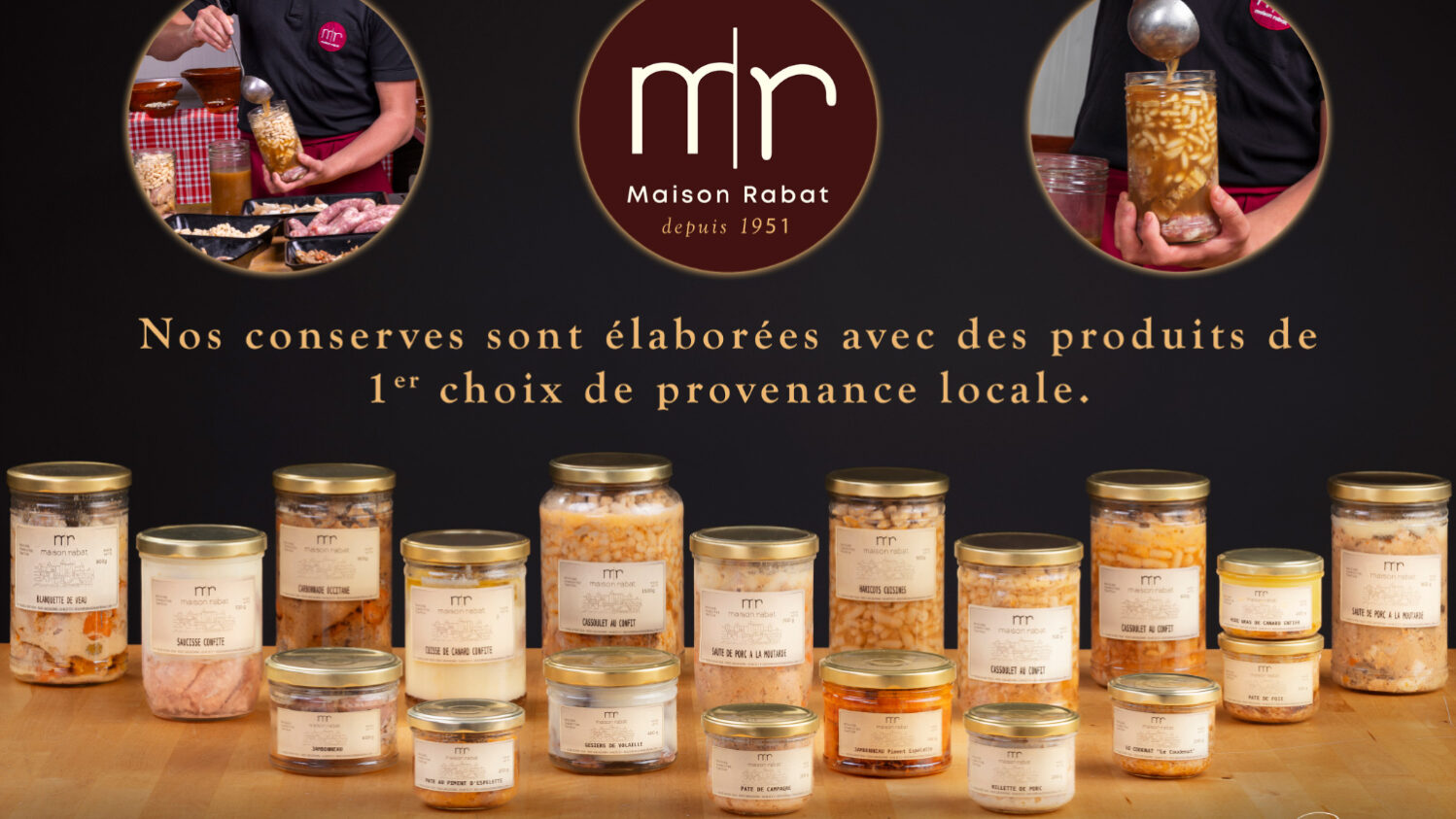 Assortiment de conserves artisanales en bocaux de verre, pâtés et plats cuisinés photographiés à Carcassonne. Deux médaillons au dessus des conserves montrent la mise en bocal du cassoulet.