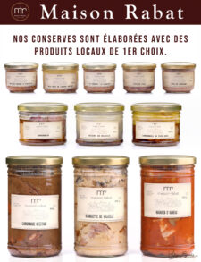 Sélection de conserves de pâtés et plats cuisinés de la Maison Rabat en bocaux de verre sur fond blanc