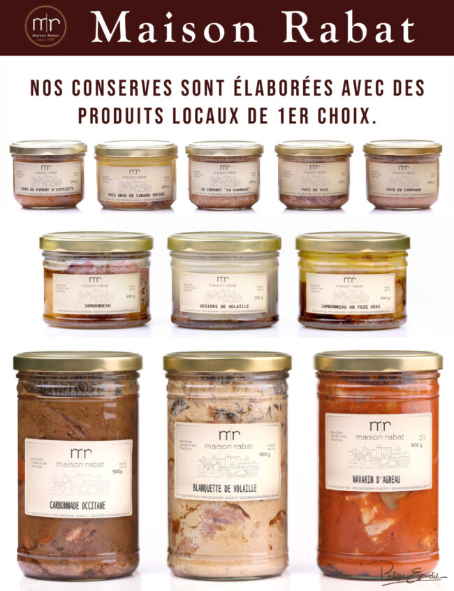 Maison Rabat, Photos + affiches + panneaux = communication gagnante 5 Sélection de conserves de pâtés et plats cuisinés de la Maison Rabat en bocaux de verre sur fond blanc