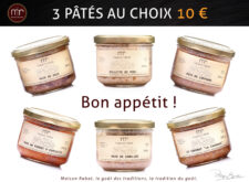 Six petites boites de pâté avec un slogan de vente promotionnel sur fond blanc