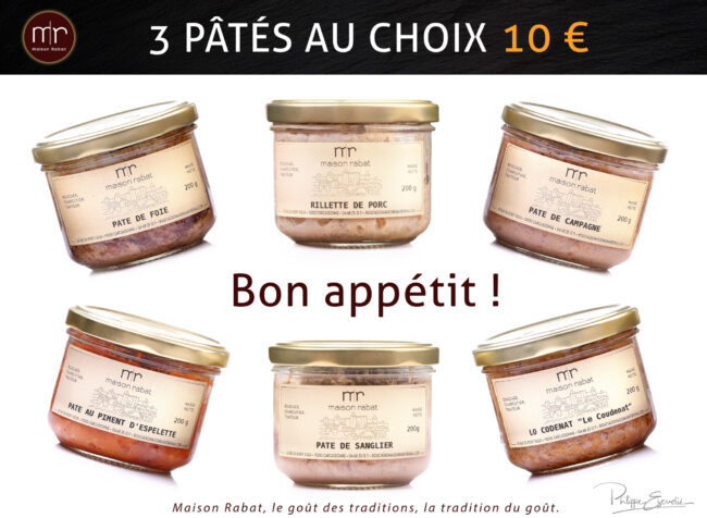 Maison Rabat, Photos + affiches + panneaux = communication gagnante 12 Six petites boites de pâté avec un slogan de vente promotionnel sur fond blanc