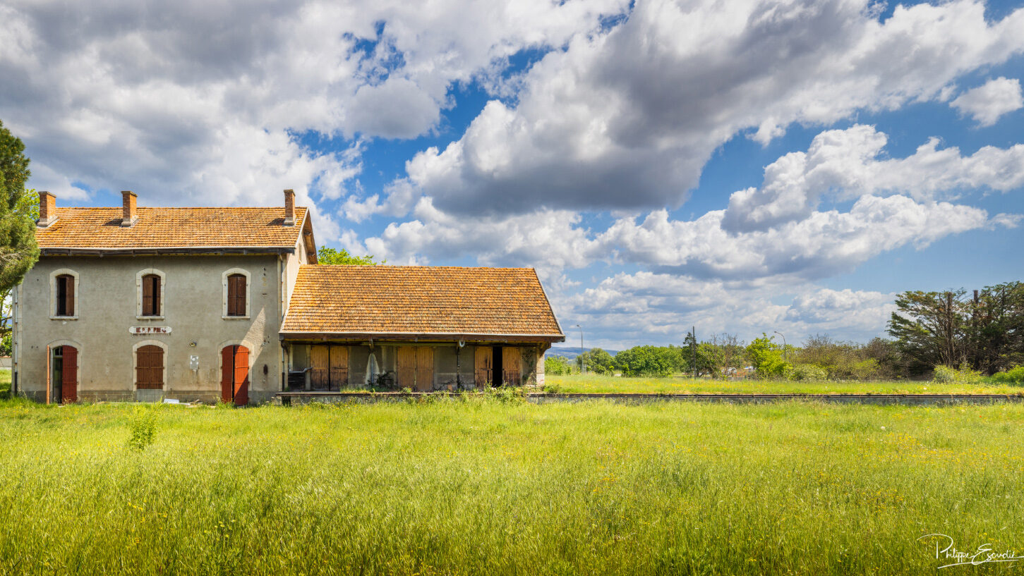 Vue large d’une gare fantôme en ruine avec prairie au premier plan