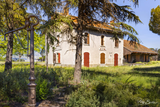 Ancienne gare et citerne à eau en métal dans la végétation