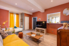 Séjour chaleureux avec murs colorés, canapé gris et espace nuit attenant