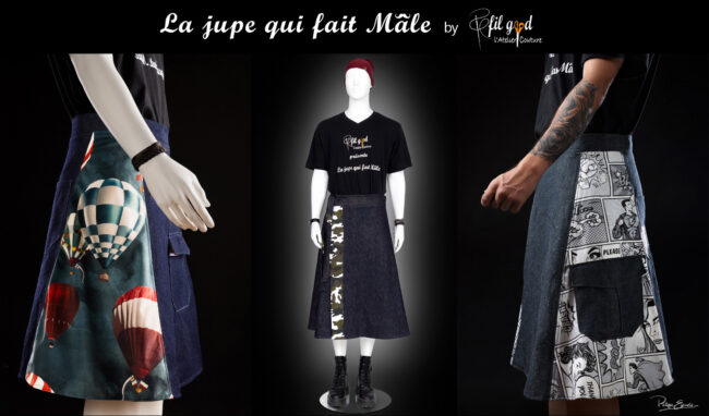 Vanessa, la fille qui glisse ses mains sous les Jupes des Hommes 4 Présentation en studio de trois modèles de jupes homme de la collection La Jupe qui fait mâle par l’atelier couture I Fil Good.