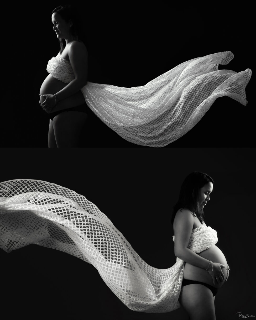 Shooting grossesse au studio photo de Carcassonne – Mai Lynh et Thomas 7 montage de deux tenues robes avec voiles clairs portées par une femme enceinte en noir et blanc sur fond sombre