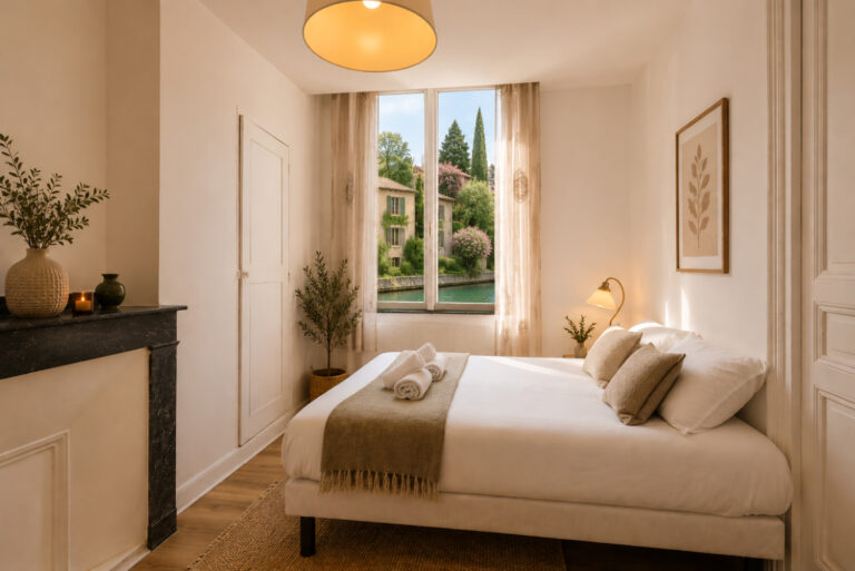 Chambre de couleur blanc crème avec un grand lit et une fenêtre donnant sur le canal, ambiance chaleureuse.
