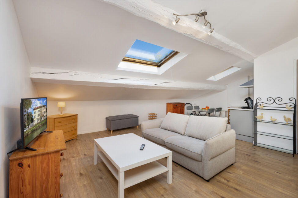 Salon lumineux sous toiture avec fenêtres de toit et mobilier contemporain