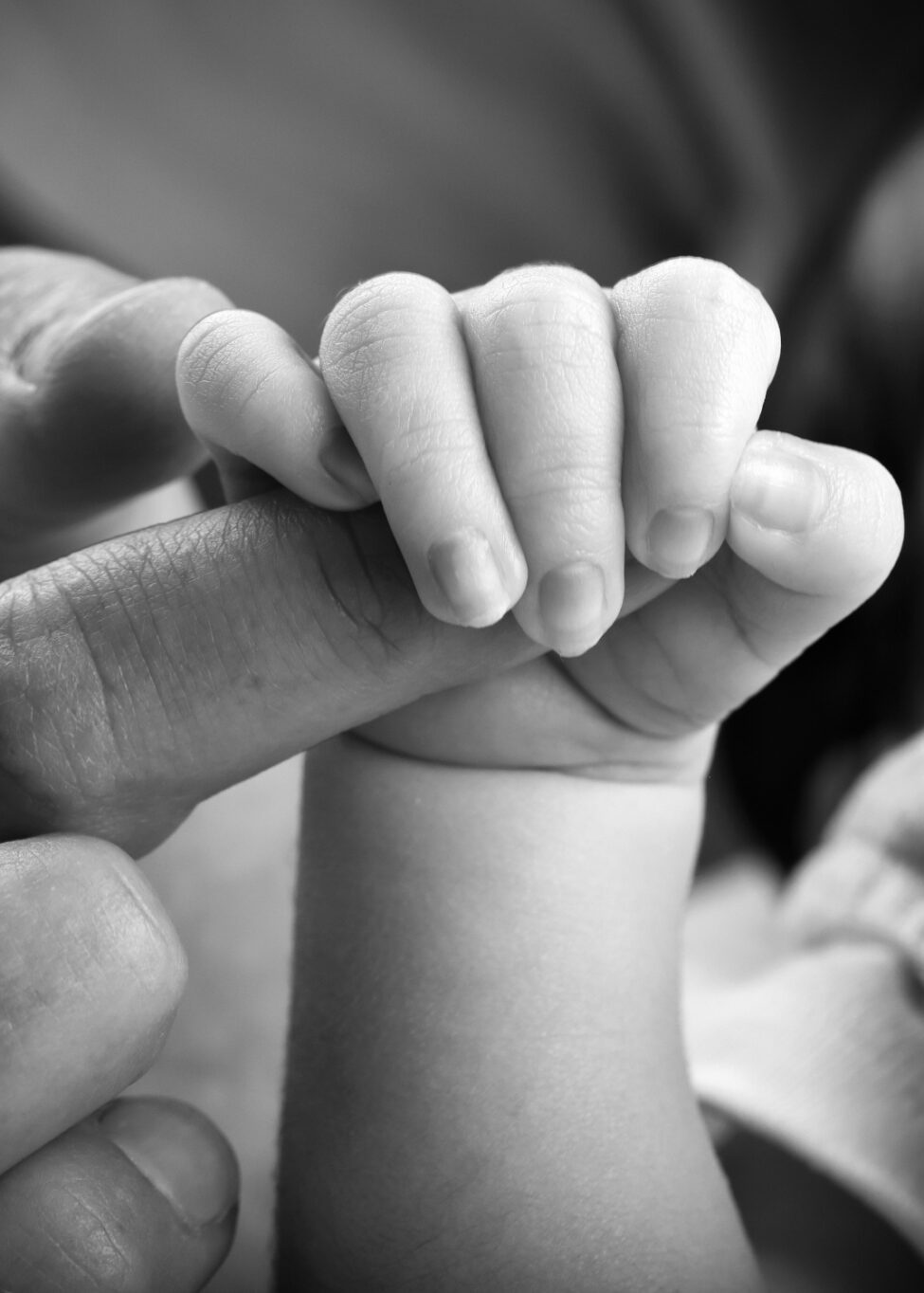 Détail en noir et blanc de la main d’un nouveau-né agrippée au doigt de son parent